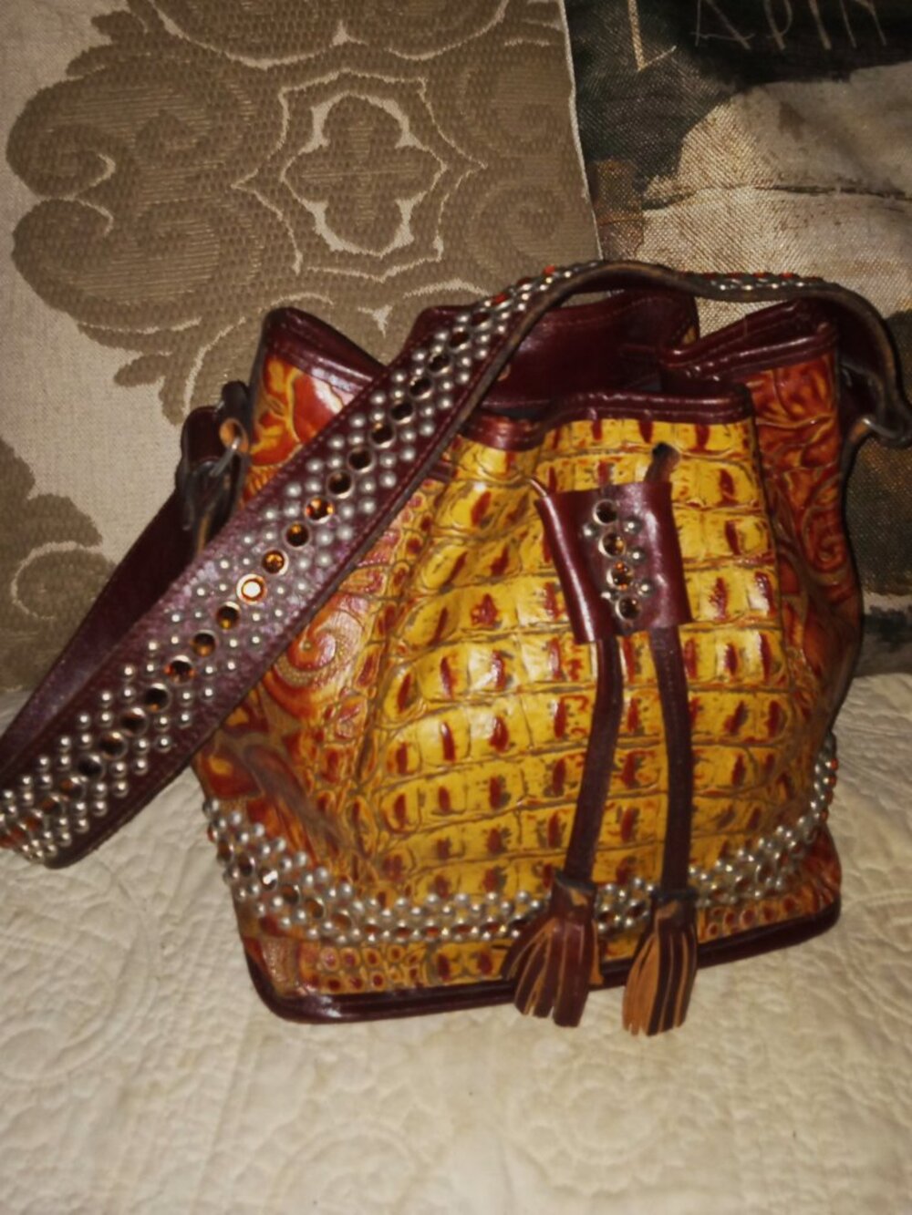 Raviani Texas Croco Tooled Leather Drawstring Bucket Shoulder Bag